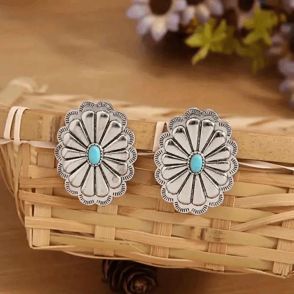 Western Silver Turquoise Concho Stud Earrings
